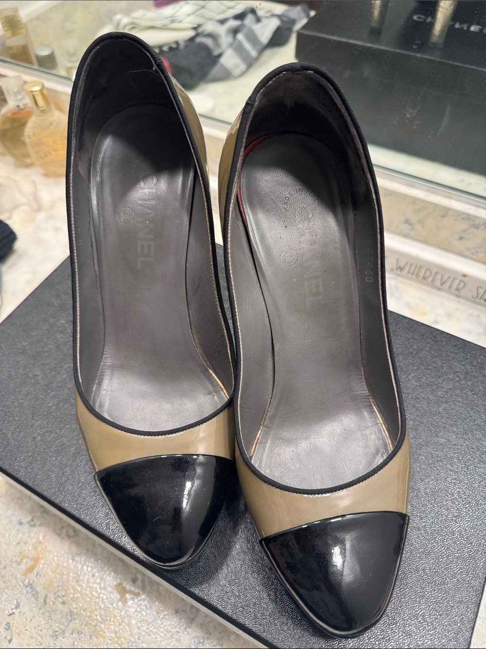CHANEL Taupe and Black Patent Leather Heels with Silver Accent - Picture 2 of 6